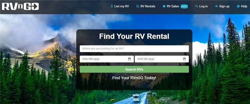 Kamp aracınızı kiralık bir pazar yerinde kiralamak için RVnGO ana sayfasının ekran görüntüsü.