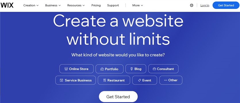 Wix web sitesi oluşturucusunun ekran görüntüsü.