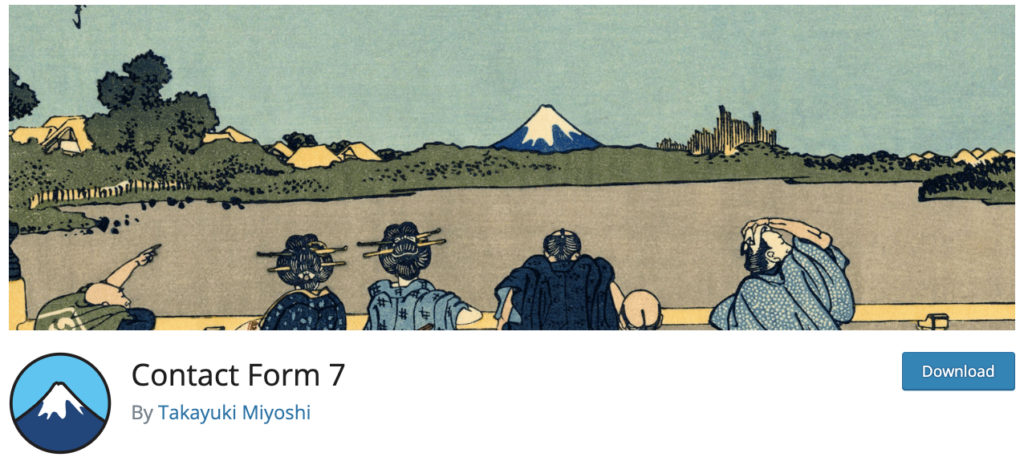 Image d'en-tête de Contact Form 7 présentant une illustration traditionnelle japonaise de style ukiyo-e avec des personnages tournés vers le mont Fuji, représentant le thème culturel du plugin, associée au logo Contact Form 7 et au bouton de téléchargement.