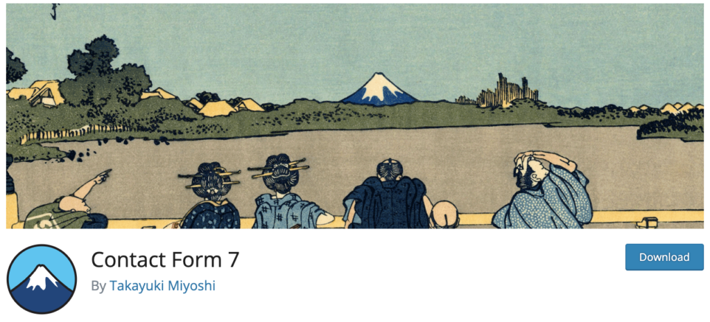 Kopfzeilenbild für Contact Form 7, das eine traditionelle japanische Illustration im Ukiyo-e-Stil mit Figuren zeigt, die auf den Berg Fuji blicken und das kulturelle Thema des Plugins darstellen, zusammen mit dem Contact Form 7-Logo und der Download-Schaltfläche.