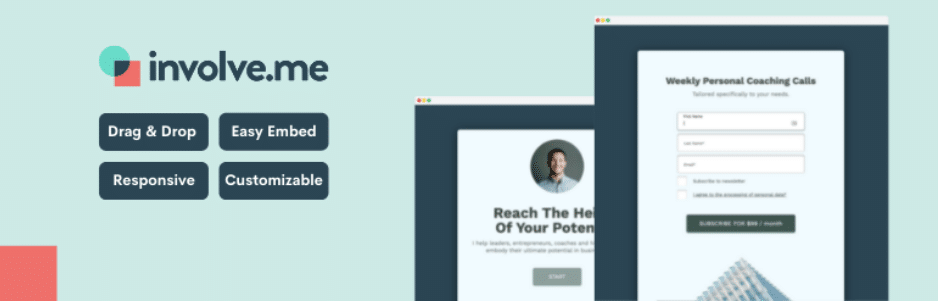 Un banner con il logo coinvolge.me con vantaggi chiave come "Drag & Drop", "Facile da incorporare", "Responsive" e "Personalizzabile". Viene visualizzato un esempio di modulo di iscrizione alla chiamata di coaching personalizzato, che evidenzia la facilità con cui la piattaforma crea moduli online accattivanti. Viene mostrato come una delle migliori alternative a Gravity Forms.