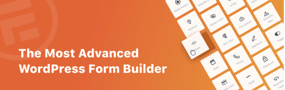 لافتة ترويجية لمنشئ نماذج WordPress، Formidable Forms، تعرض أيقونات حقول النموذج المختلفة مثل مربعات الاختيار وأزرار الاختيار وحقول النص، بعنوان "The Most Advanced WordPress Form Builder" - بديل قوي لـ Gravity Forms.