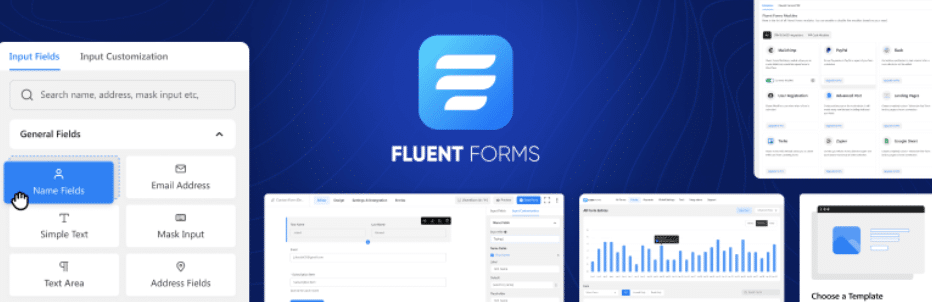 مجموعة تضم شعار Fluent Forms مع لقطات شاشة متنوعة للواجهة لحقول النماذج والتحليلات الخاصة بالمكون الإضافي، مما يسلط الضوء على قدرات البرنامج لإنشاء نماذج مخصصة وتحليل البيانات كحل نموذج بديهي.