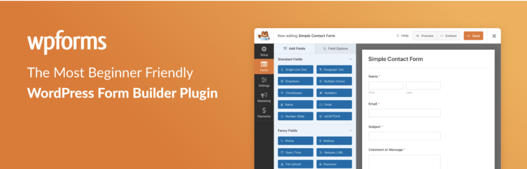 صورة رأس تحتوي على شعار WPForms متبوعًا بالنص "The Most Beginner Friendly WordPress Form Builder Plugin" مع لقطة شاشة لنموذج اتصال بسيط يتم تحريره، مع التركيز على سهولة الاستخدام كبديل لـ Gravity Forms.