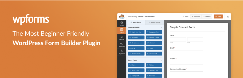 Imagem do cabeçalho com o logotipo WPForms seguido pelo texto 'O plug-in WordPress Form Builder mais amigável para iniciantes' com uma captura de tela de um formulário de contato simples sendo editado, enfatizando a facilidade de uso como uma alternativa ao Gravity Forms.