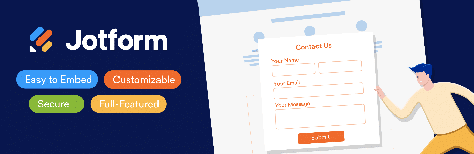 橫幅展示Jotform 作為一個用戶友好且安全的平台，突出顯示「易於嵌入」、「可自訂」、「安全」和「功能齊全」等關鍵功能，並配有「聯絡我們」表單的插圖，對其進行定位作為最好的重力形式替代品之一。