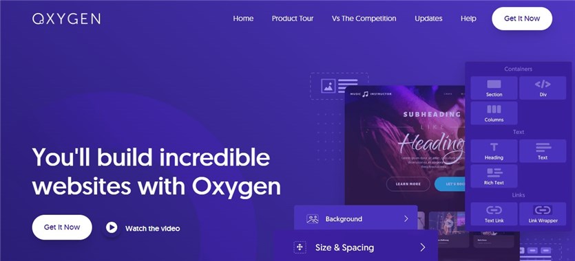 파란색과 흰색으로 표시된 Oxygen Builder 홈페이지 스크린샷.