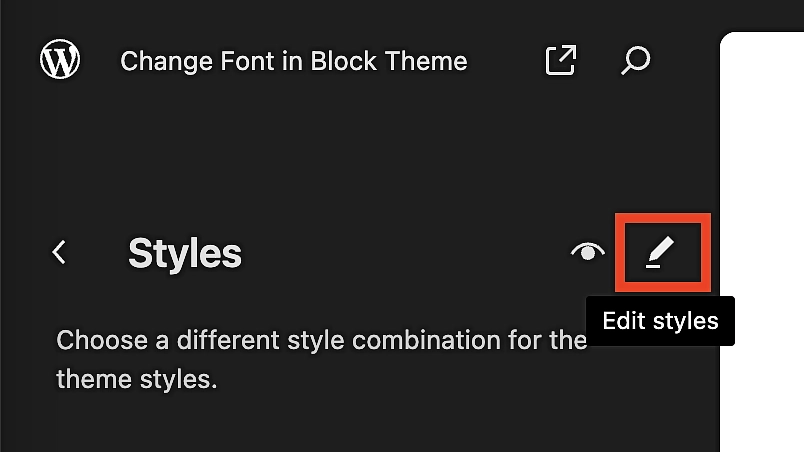 Făcând clic pe pictograma creion pentru a edita stiluri în FSE.