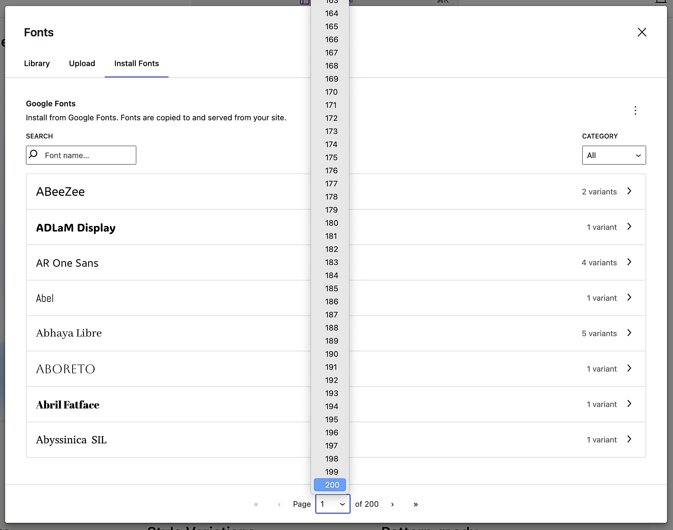Cela montre que vous avez accès à plus de 200 pages de choix de polices dans Google Fonts.