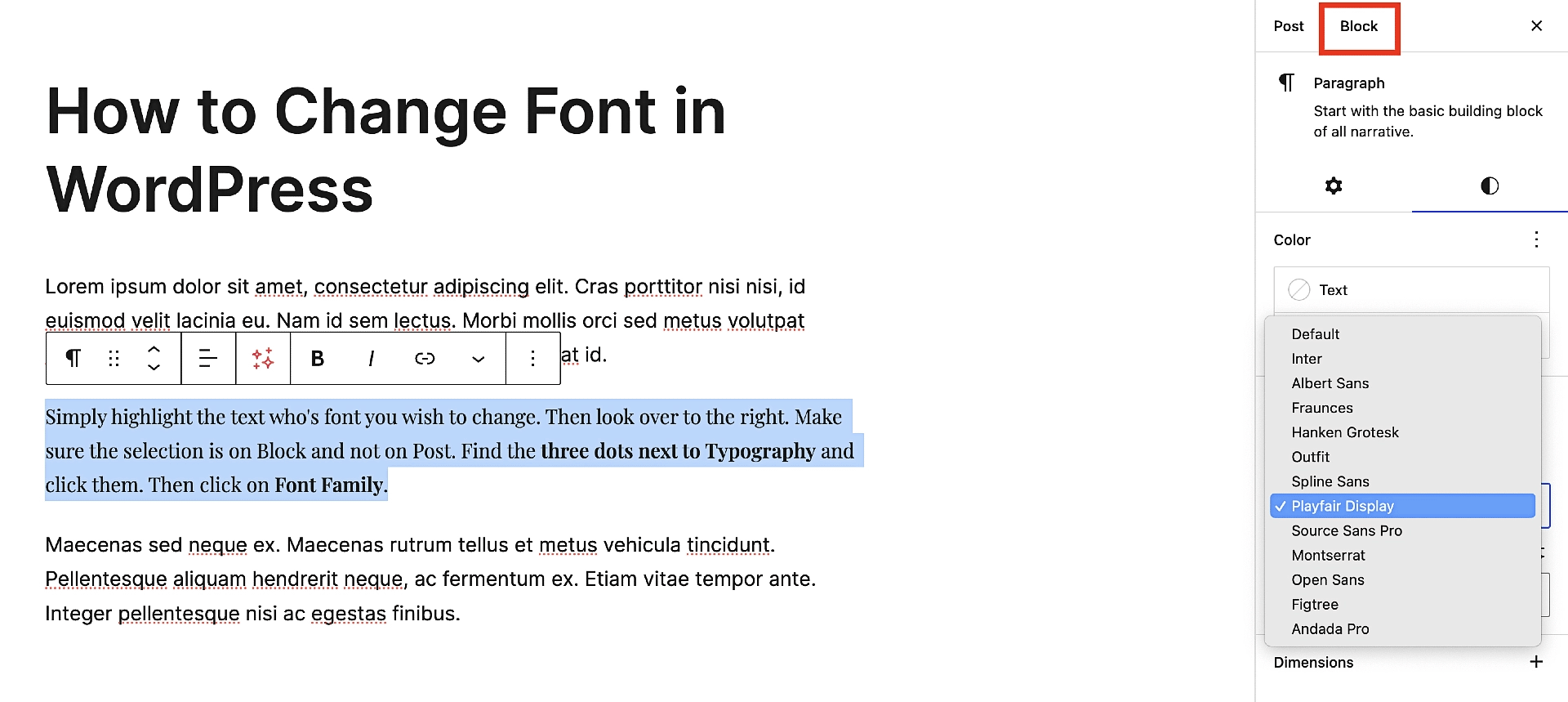 Arată cum să schimbi fonturile local în editorul de blocuri.