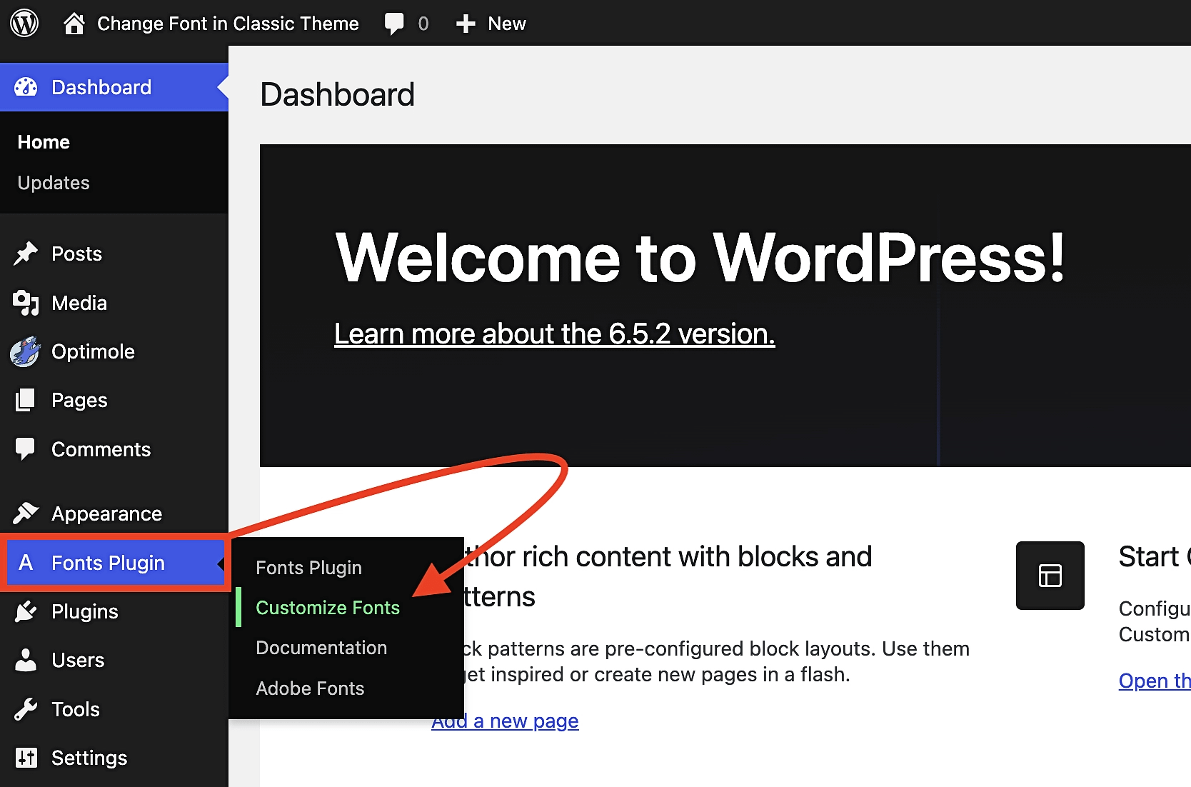 透過 WordPress 儀表板存取自訂字體畫面。