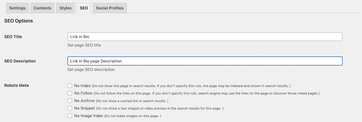 Impostazioni SEO della pagina di collegamento bio