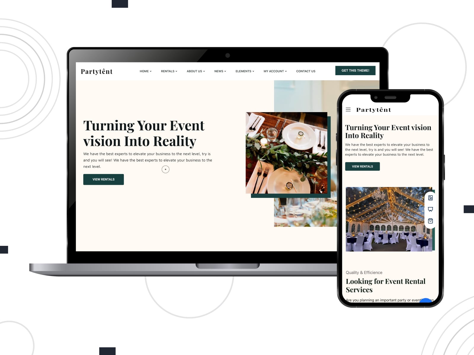 Partytent WordPress 파티 대여 템플릿 데모 웹 사이트의 콜라주(분홍색 및 녹색 색상)