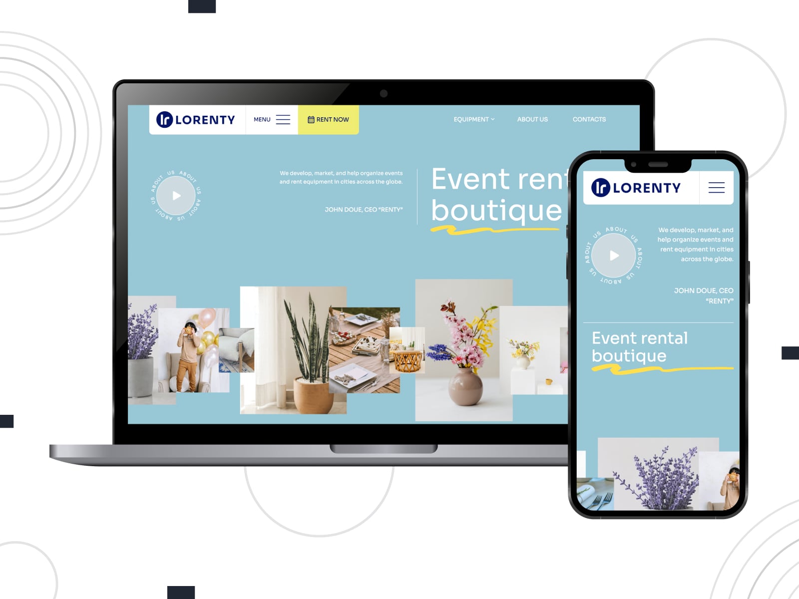 Collage de la plantilla del sitio web de alquiler de fiestas de Lorenty para sitios web de WordPress en colores azul, amarillo y gris.