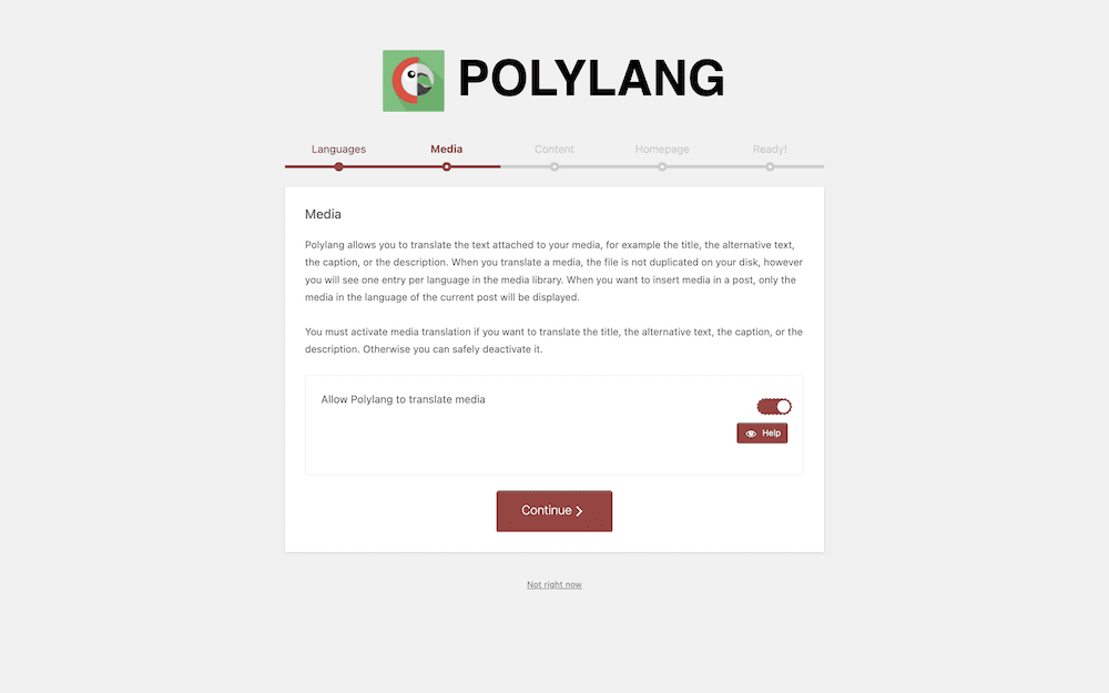 メディア画面を表示する Polylang オンボーディング ウィザード。