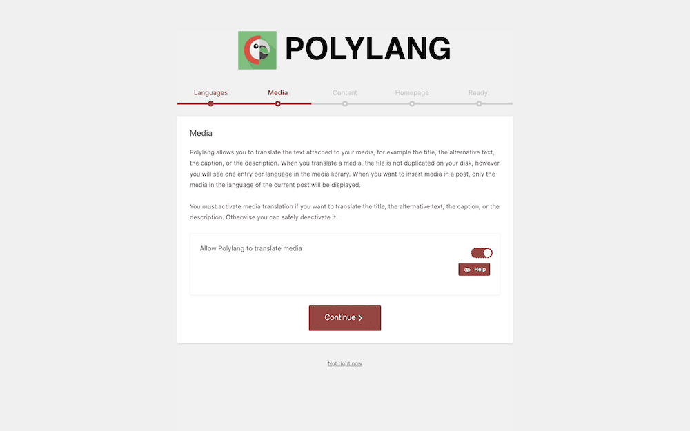 El asistente de incorporación de Polylang que muestra la pantalla Medios.