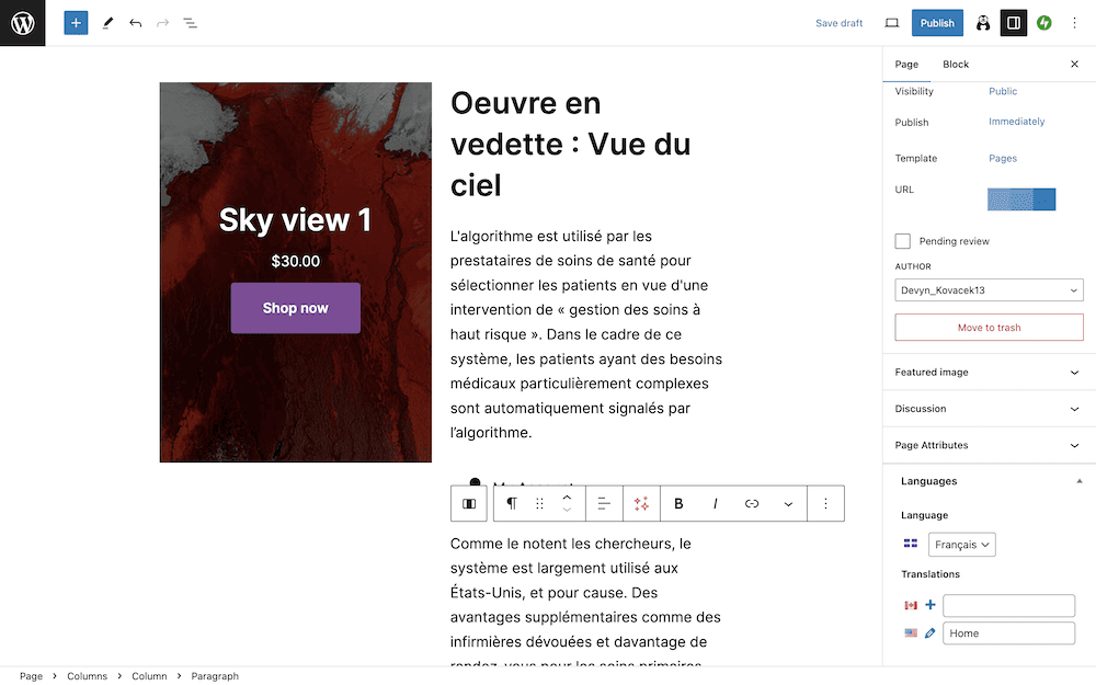O pagină Block Editor care arată conținut în limba franceză gata de publicare.