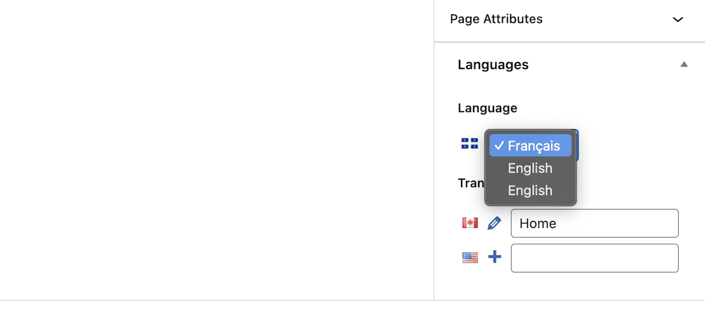 Ein Teil der Seitenleiste des Blockeditors, der den Abschnitt „Polylang-Sprachen“ mit einer Auswahl an Sprachen zeigt.