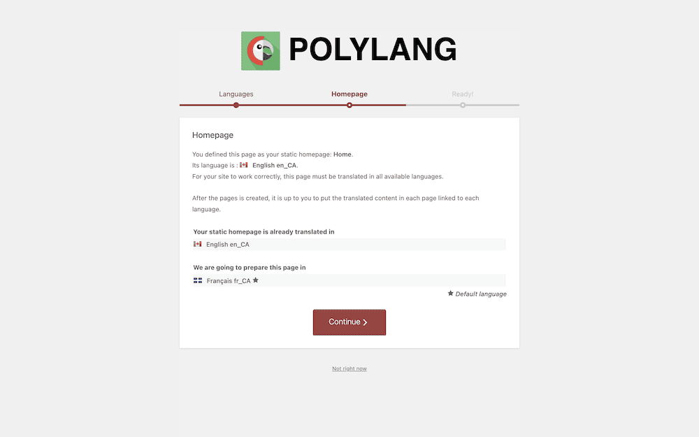L'assistant d'intégration de Polylanf affichant des informations sur la traduction de la page d'accueil.