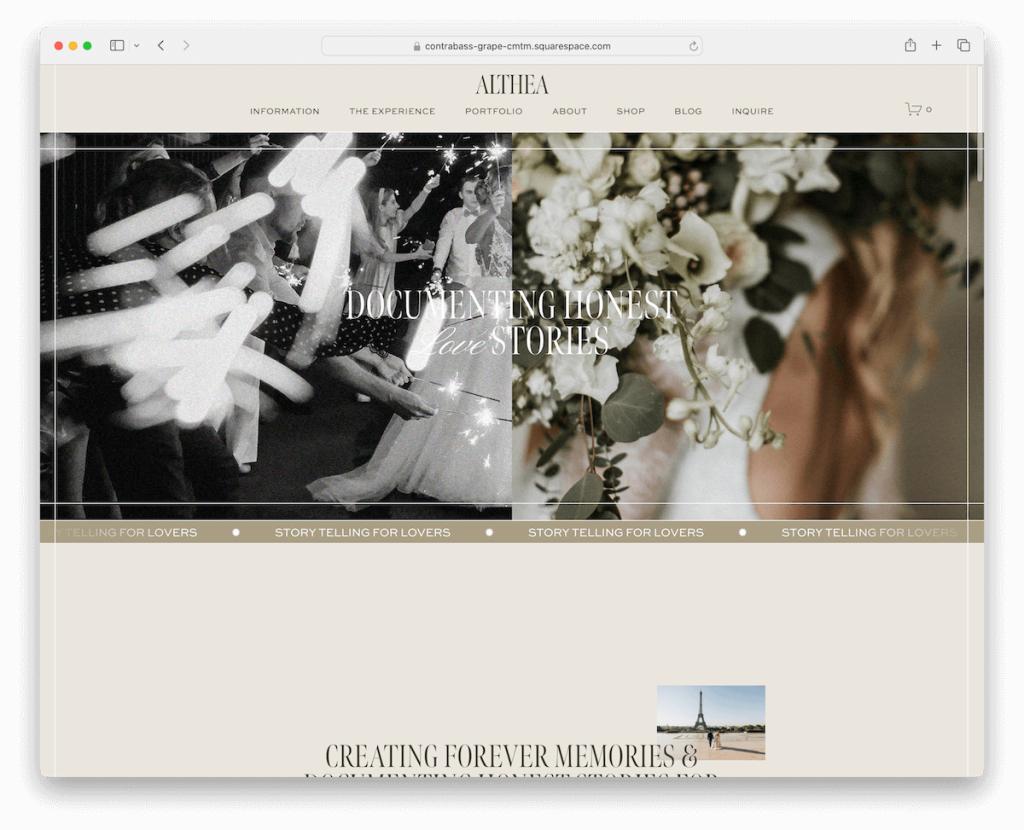 plantilla de fotógrafo de bodas de althea squarespace