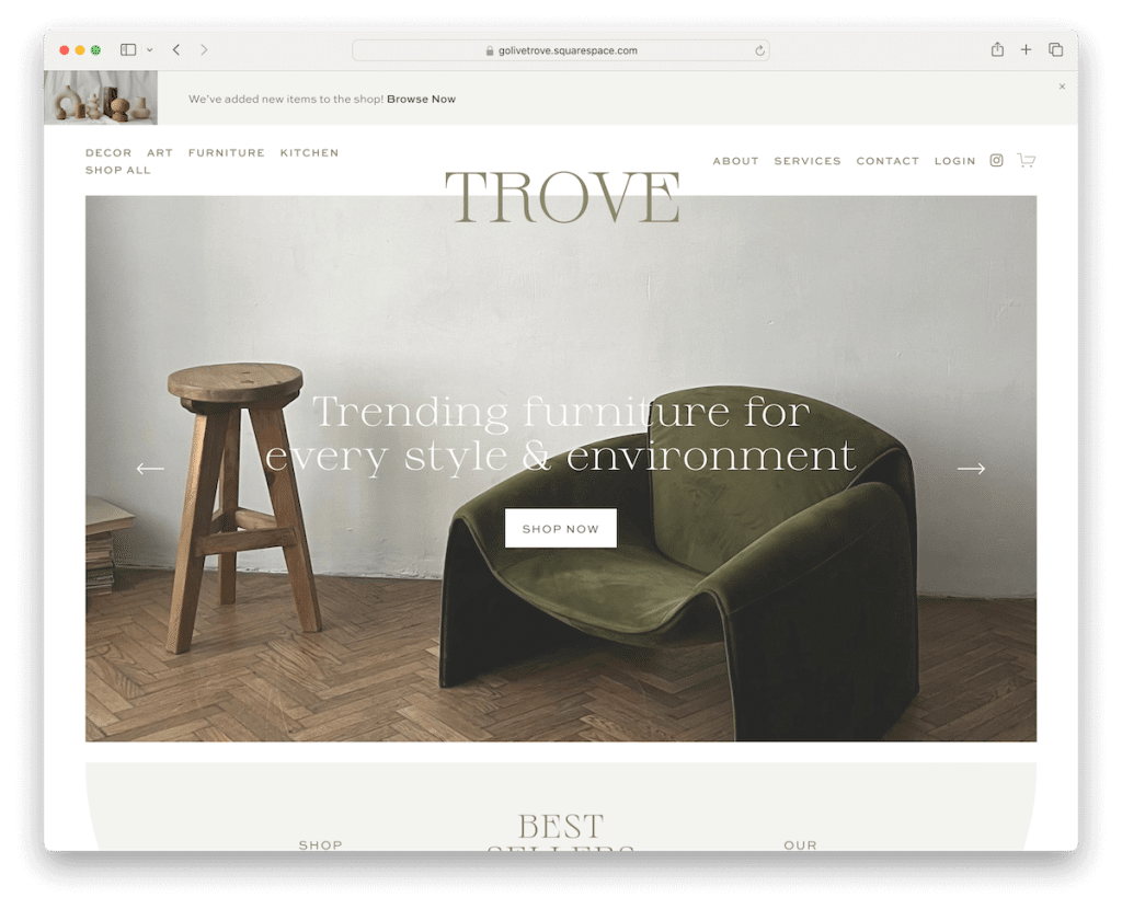 trove squarespace lüks şablonu