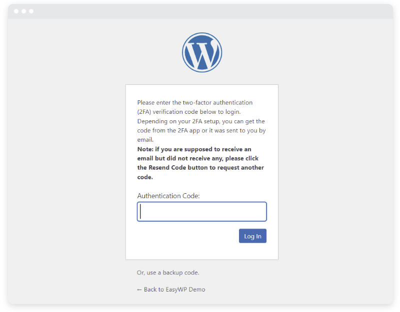 L’écran de saisie du code 2FA dans WordPress