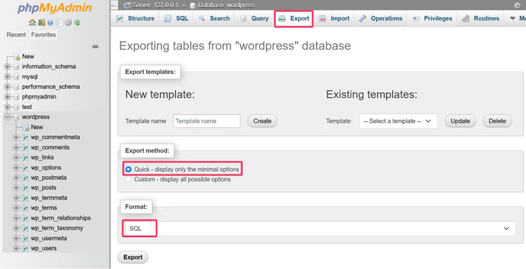 capture d'écran montrant-comment-exporter-manuellement-votre-base de données-WordPress-dans-phpMyAdmin
