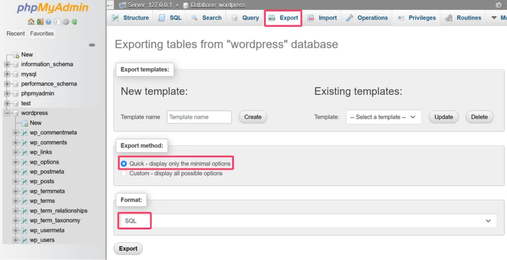 phpMyAdmin の WordPress データベースを手動で xport する方法を示すスクリーンショット