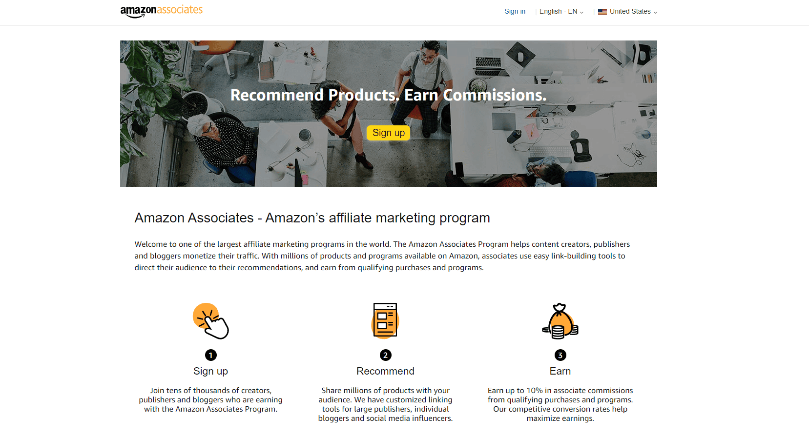 Page d'accueil d'Amazon Associates