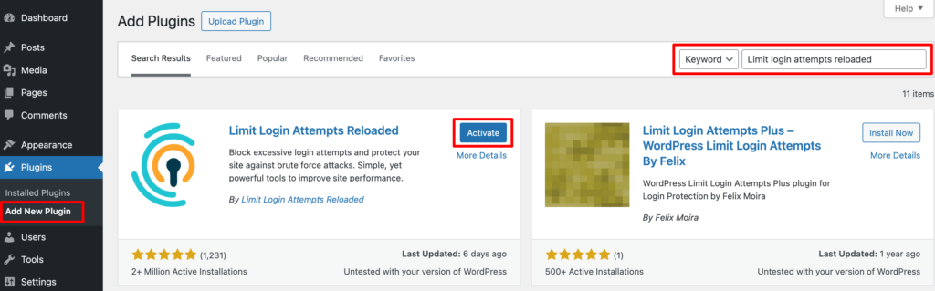 Această captură de ecran arată cum să instalați și să activați pluginul Limit Login Attempts Reloaded