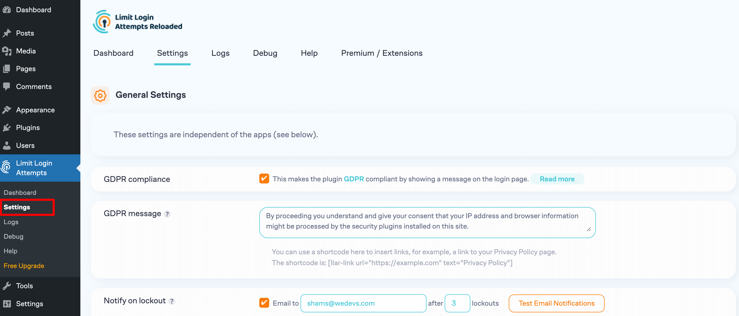 Ceci est une capture d'écran de la page des paramètres Limiter les tentatives de connexion rechargées