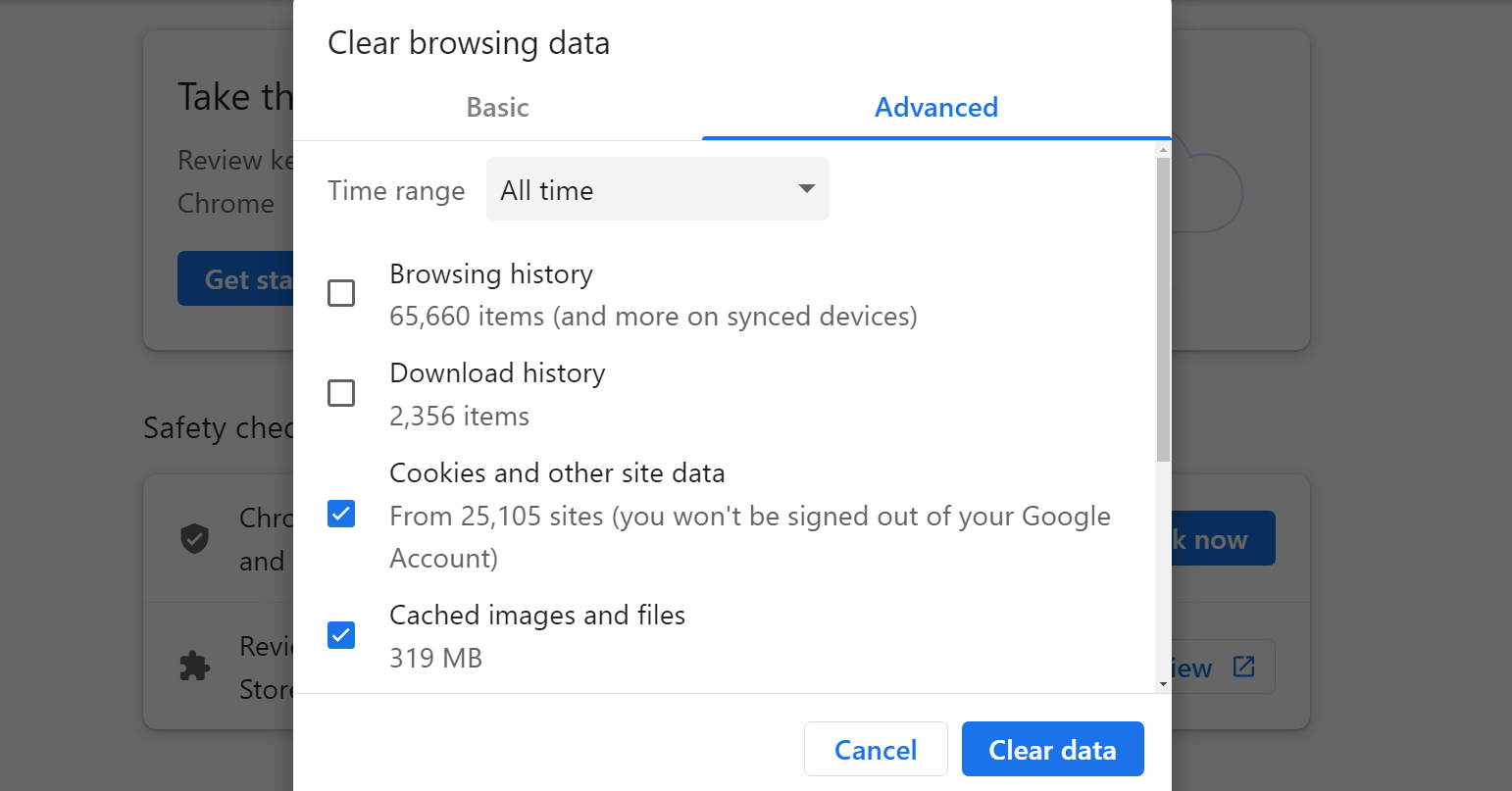 清除 Chrome 中的浏览数据。
