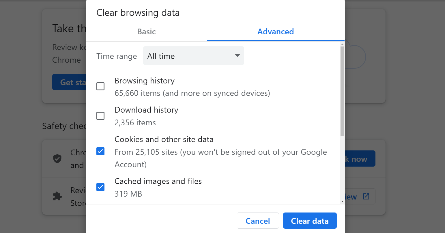 Menghapus data penjelajahan di Chrome.