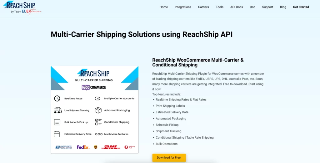 الصفحة الرئيسية للبرنامج المساعد لشركة ReachShip Shipping Carrier