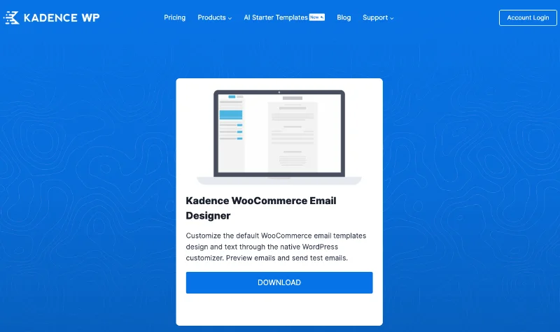 Plug-in WooCommerce Email Customizer - Página inicial do Kadence