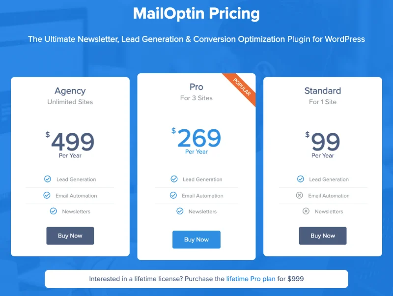 WooCommerce 电子邮件定制器插件 - MailOptin 定价
