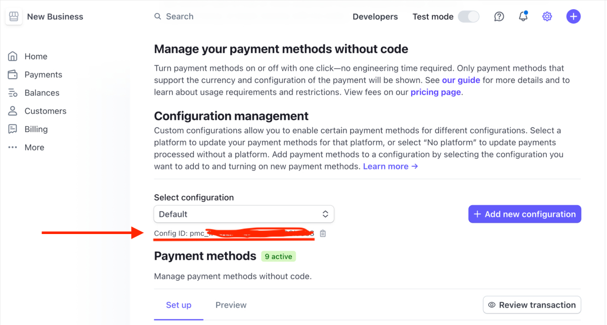 ID de configuração de pagamento Stripe.