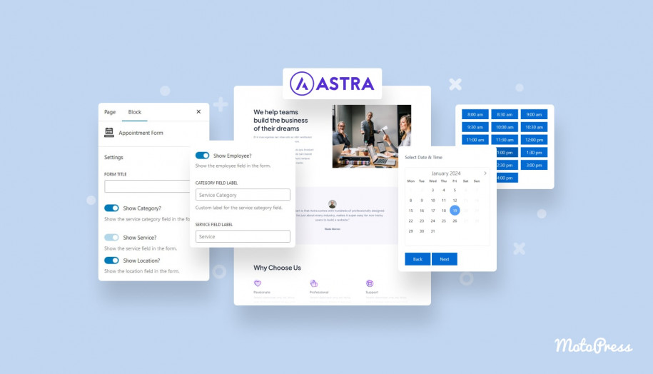 Situs web pemesanan Astra untuk WordPress.