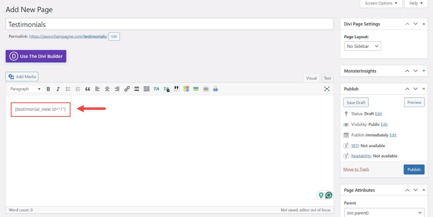 Testimonianze forti: aggiunta di shortcode alla pagina