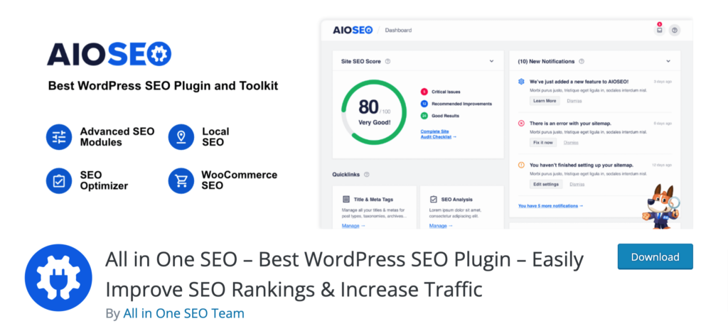 questo è uno screenshot della pagina org WordPress del plugin SEO All in one