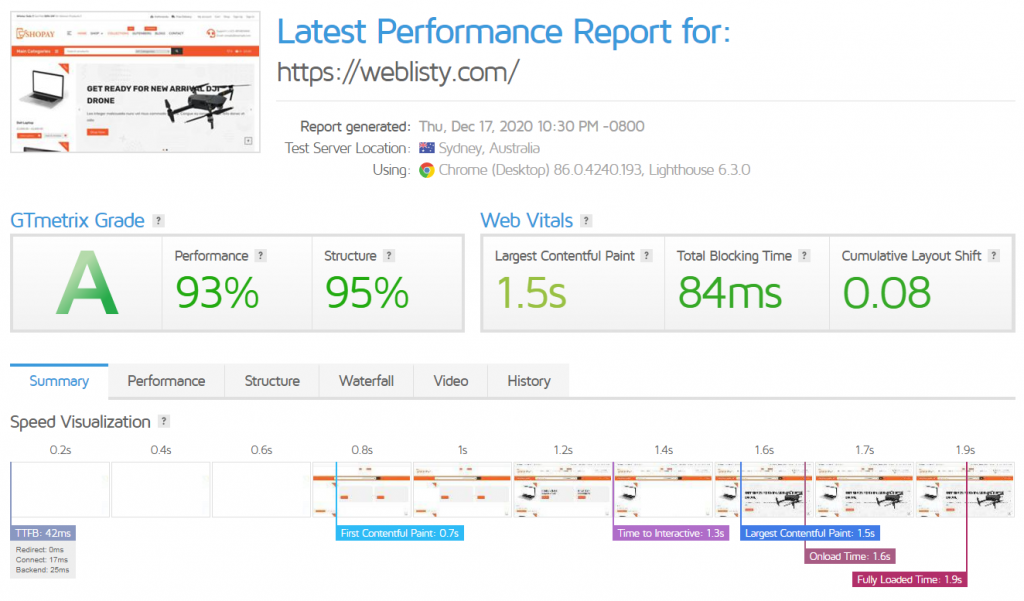 GTmetrix website performance report