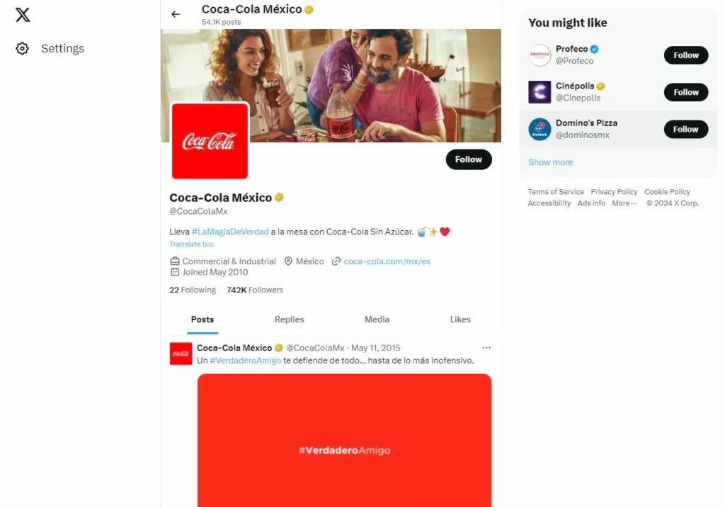 conta do twitter da coca cola méxico