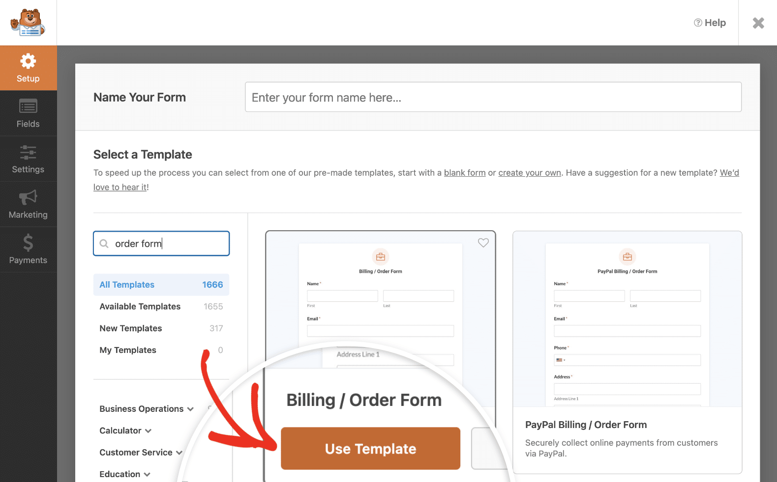 Selecting the Billing/Order Form template