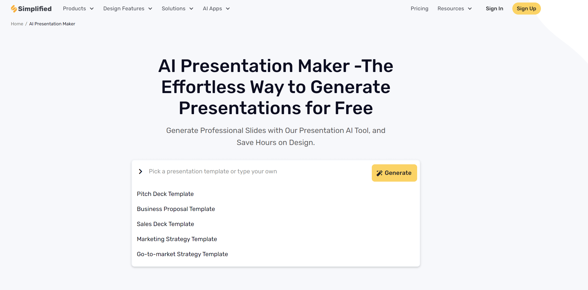 Generator de prezentări AI simplificat - Pagina de destinație