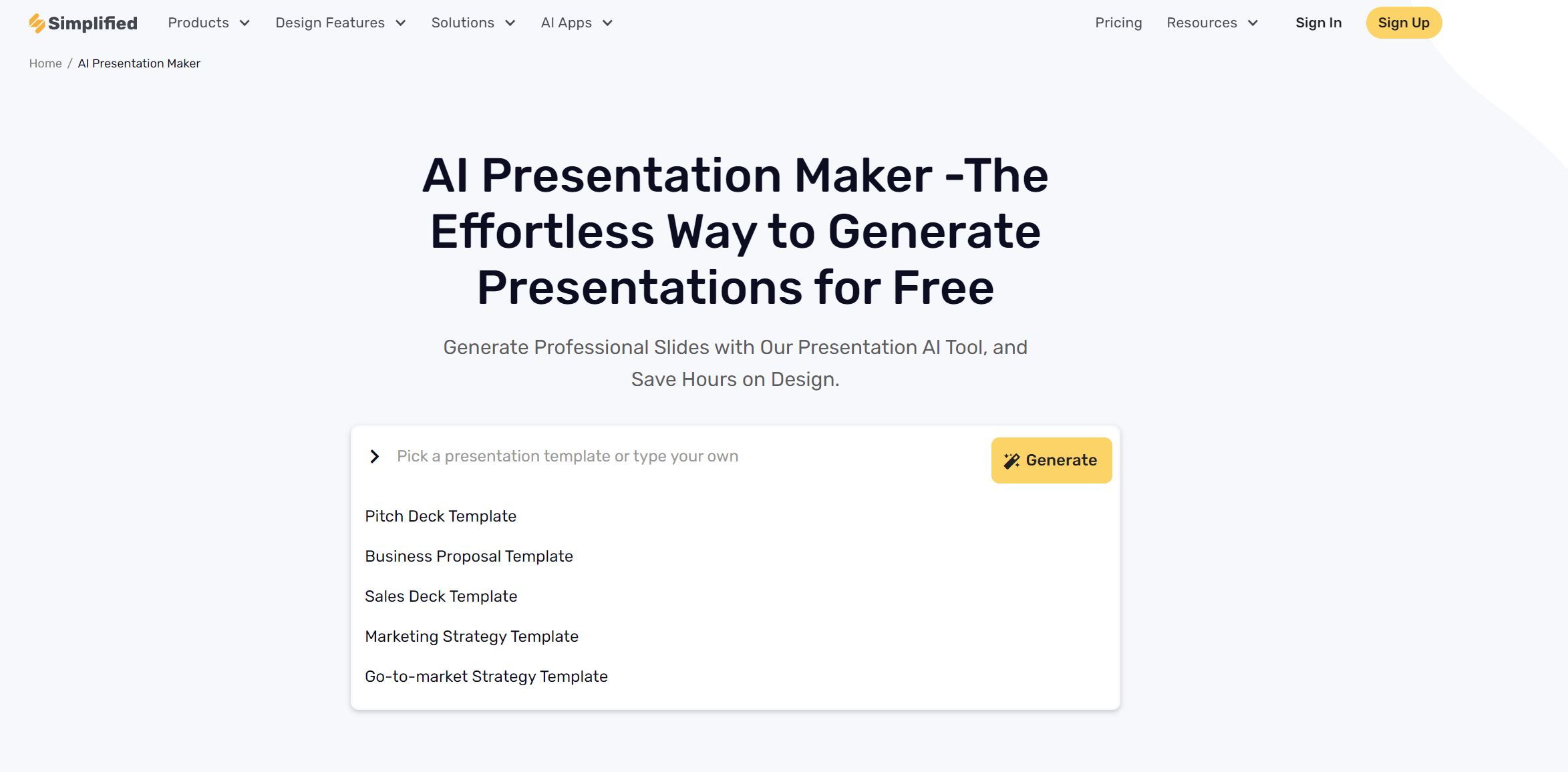 Vereinfachter AI Presentation Builder – Landing Page