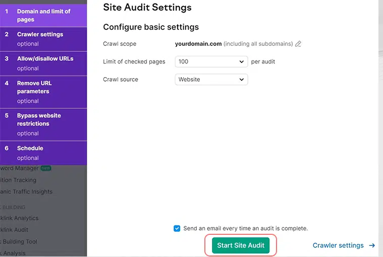 Semrush Site Audit Settings