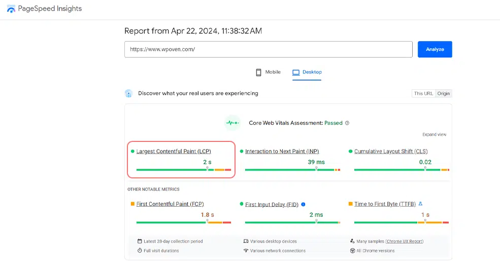 En Büyük İçerikli Boya (LCP): Web Performansı Kılavuzu 5 Google's PageSpeed Insight tool