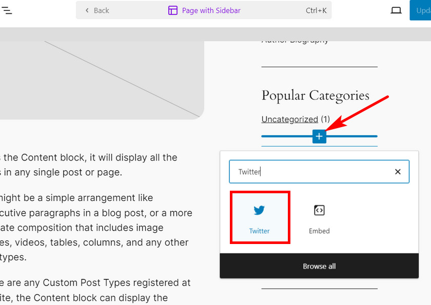 ツイートを表示するには Twitter ブロックを選択 - Wordpress で最近のツイートを表示