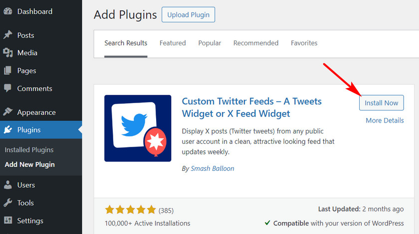 installa il plug-in feed Twitter personalizzato