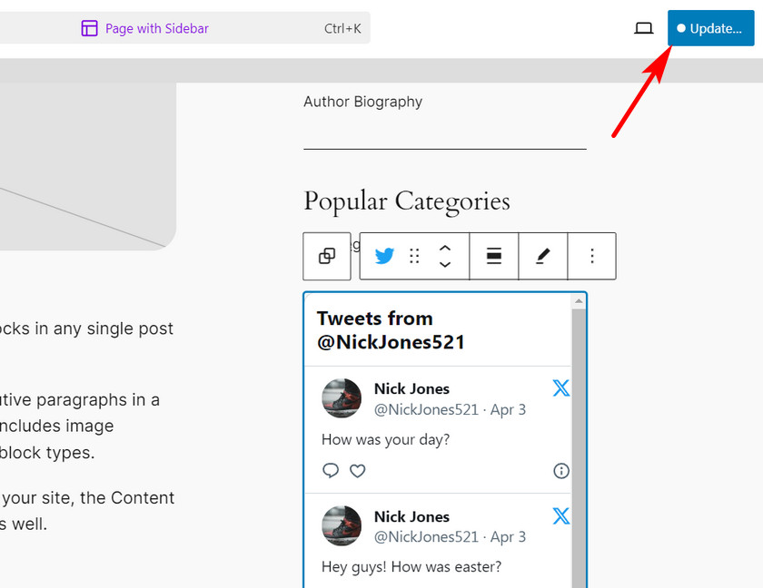 aggiorna il modello e salva le modifiche: visualizza i tweet recenti in WordPress